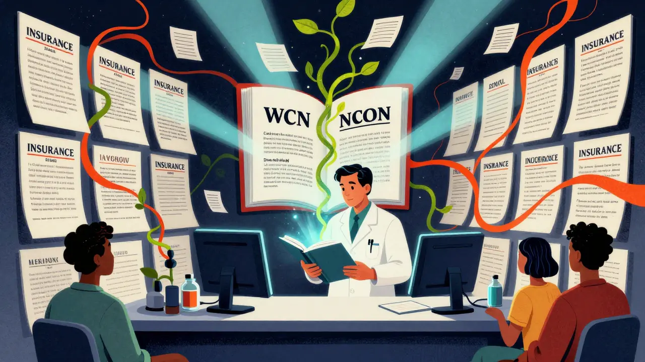 A doctor uses research evidence to break through insurance barriers, with scientific studies growing as vines toward patients.