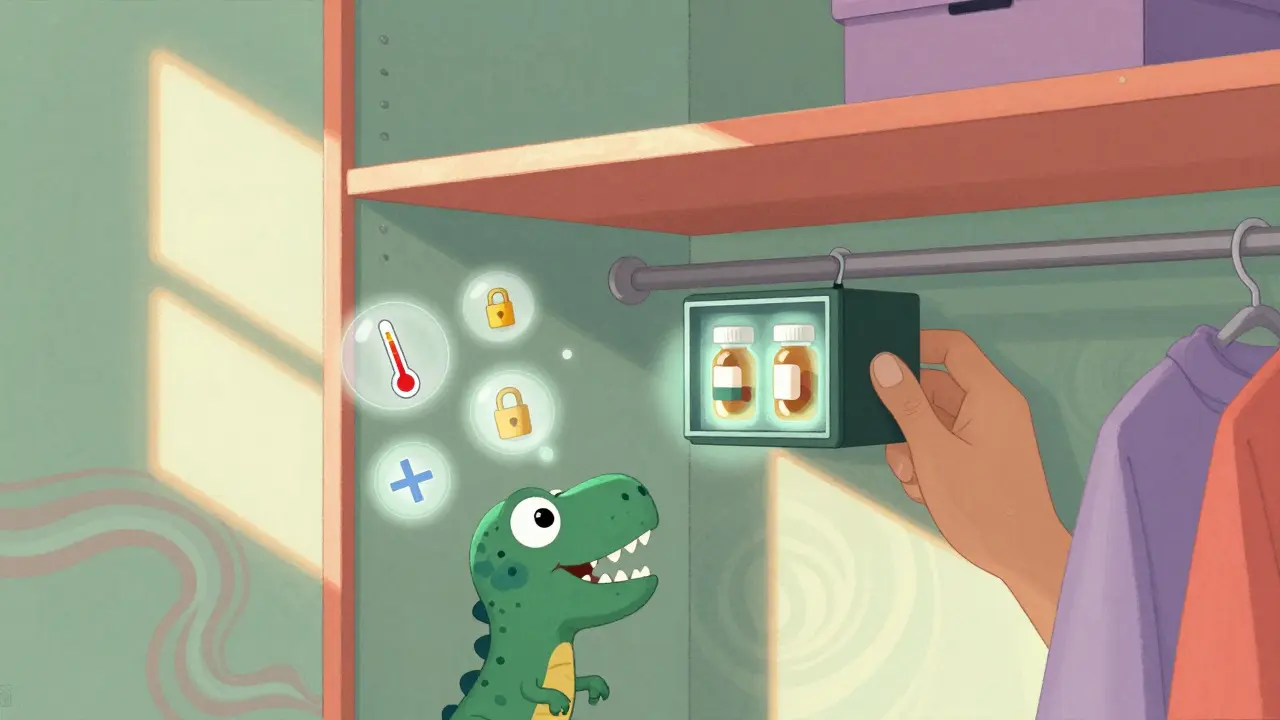 A locked medicine box on a high closet shelf in a new home, with a child looking up curiously as protective icons float nearby.