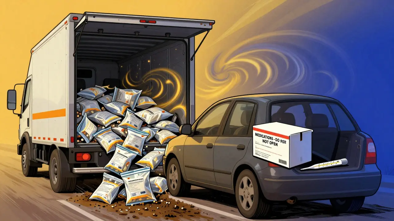 A moving car with safe medications on a lap versus spilled pills in the truck trunk, with heat and cold swirls highlighting temperature dangers.