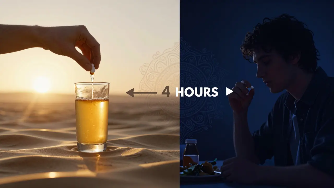 A person taking thyroid medication with apple juice at sunrise and iron at night, connected by a 4-hour timeline in psychedelic art style.