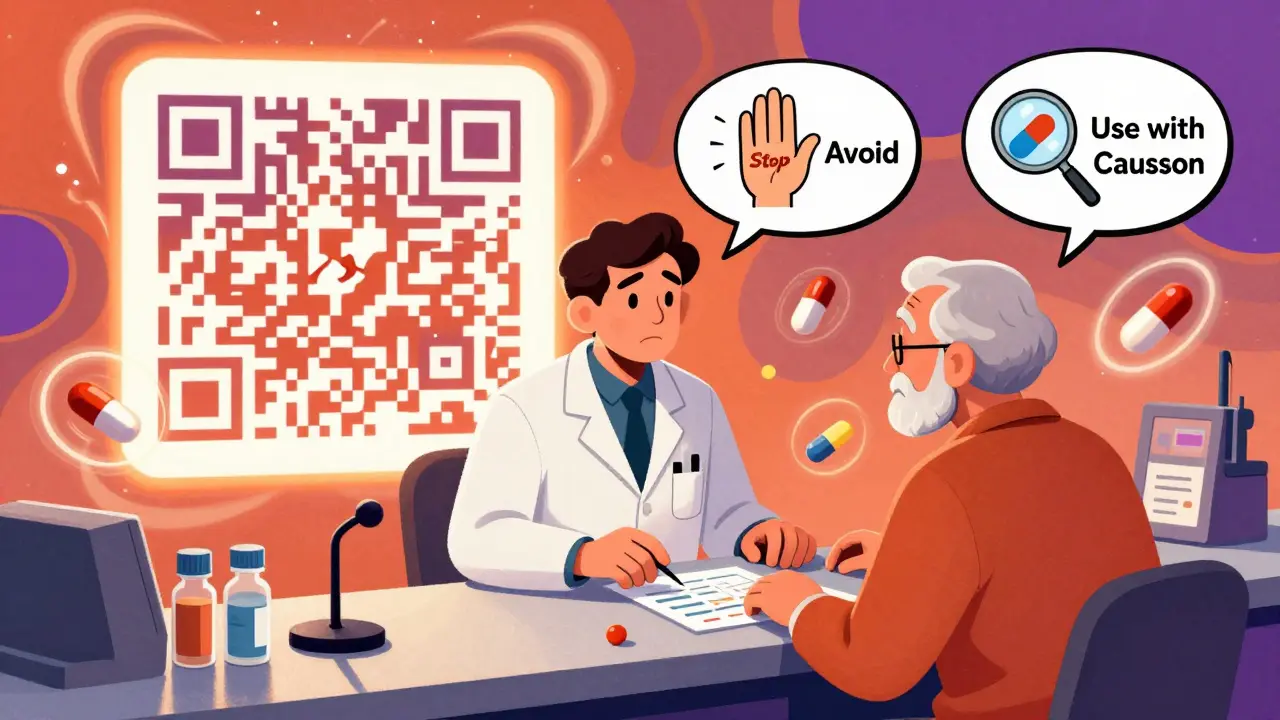 A pharmacist helping an elderly patient understand medication warnings through animated icons and a glowing QR code.