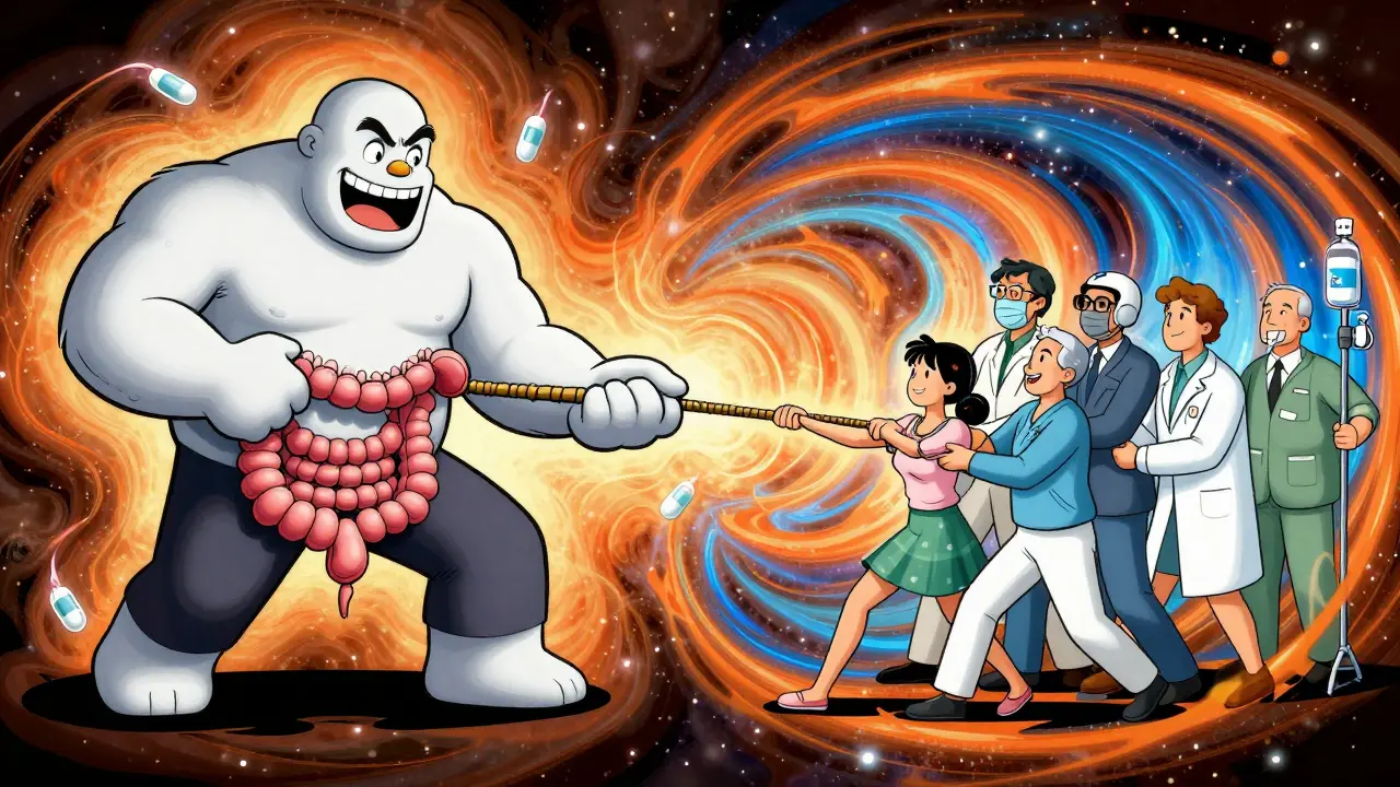 A tug-of-war between an opioid monster and a team of non-opioid treatments, pulling a colon back to life with vibrant, swirling energy.