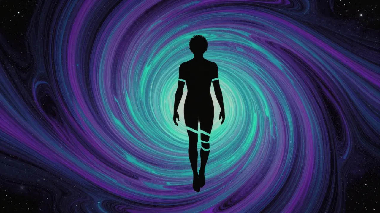 Abstract figure floating in colorful vortex representing dissociation