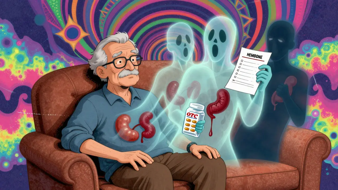 An elderly person surrounded by ghostly ulcers and anemia shadows, with OTC painkillers nearby in a psychedelic setting.