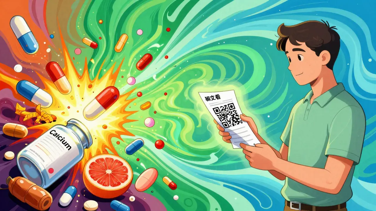 Chaotic clash of medications vs. calm, organized understanding — visual contrast of danger and safety through color and flow.