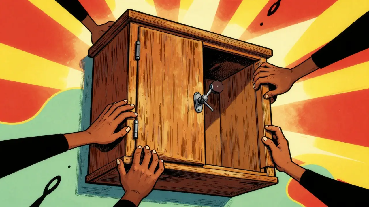 Locked medicine cabinet protected by bright light rays in art