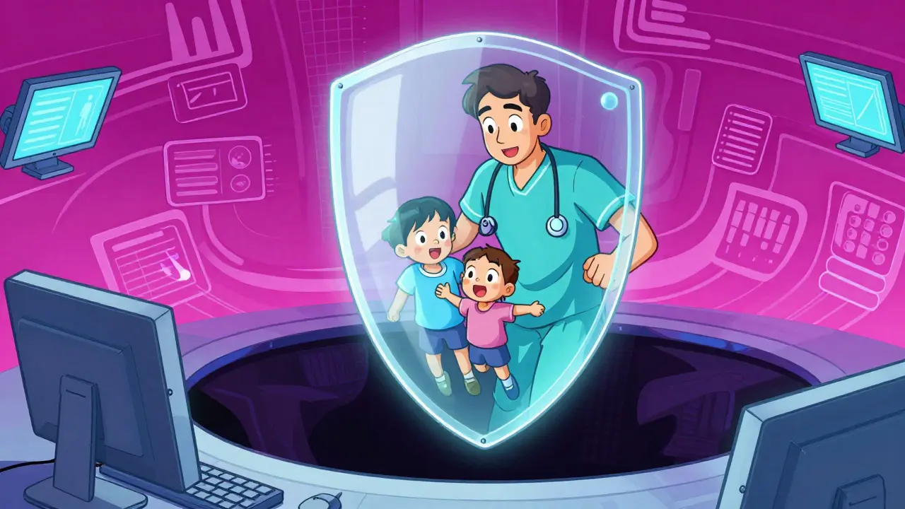 Protective shield around a family symbolizing automated healthcare access transition.