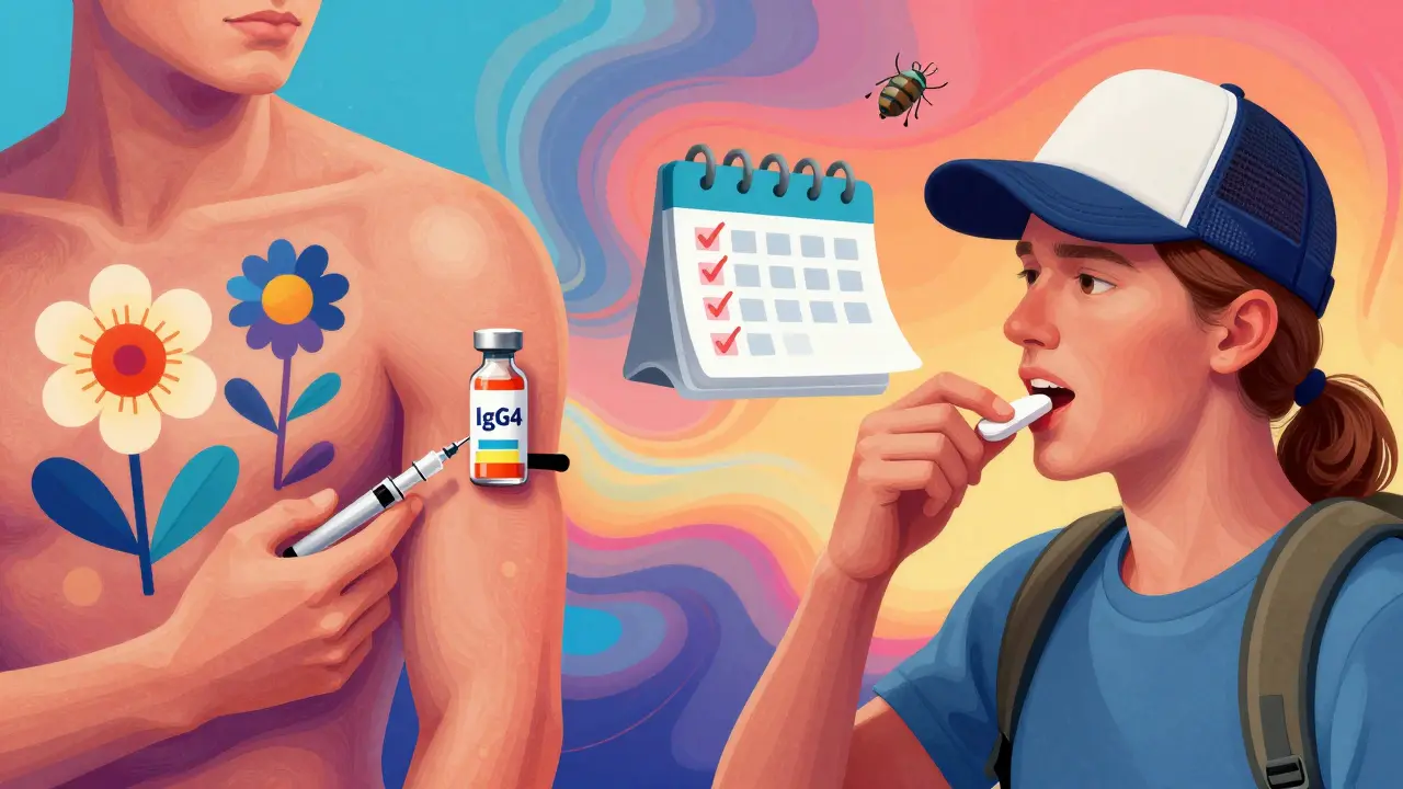 Split scene showing allergy shot with blooming antibodies on one side, and a tablet taken under the tongue with daily checkmarks on the other.