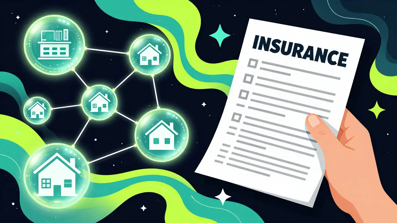 Stylized depiction of data orbs and paper forms representing insurance verification methods.