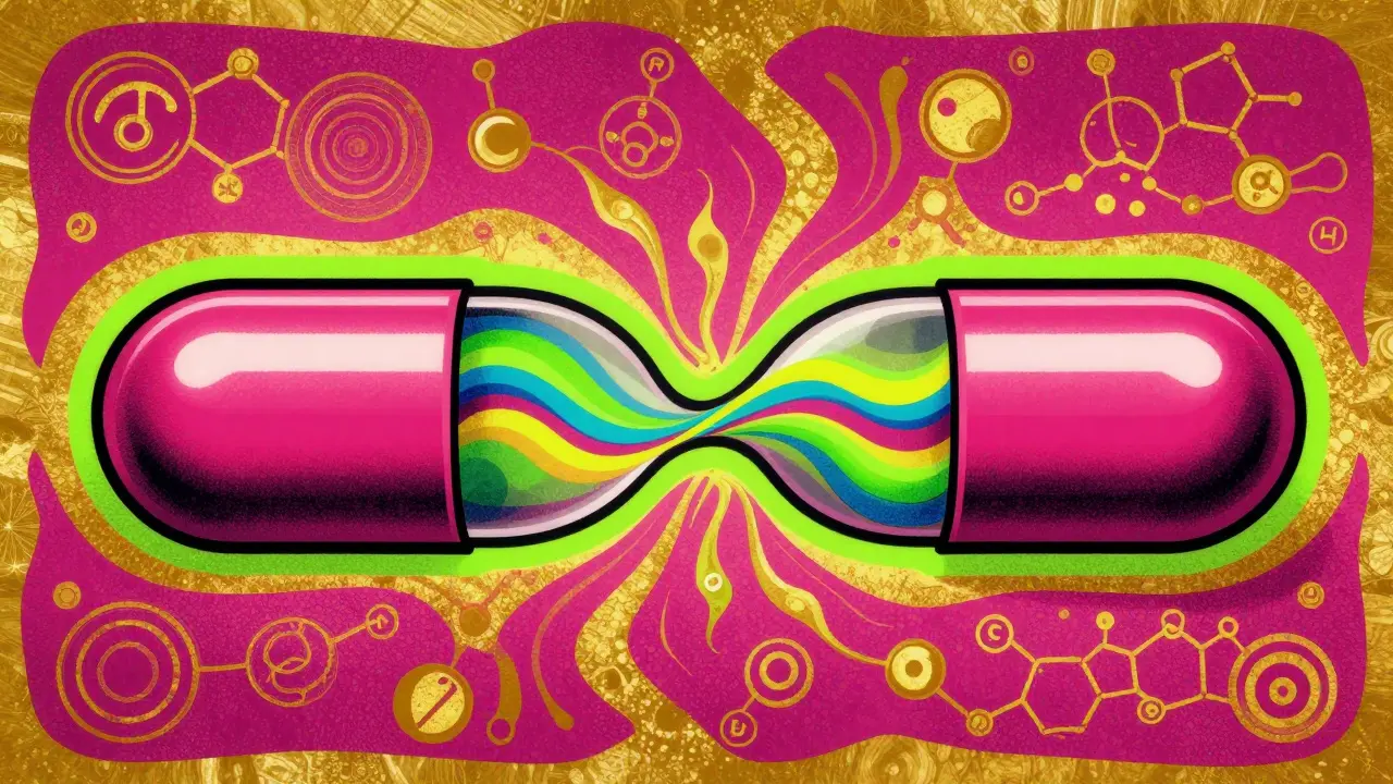 Abstract colorful graphic showing the identical active ingredients of brand and generic drugs