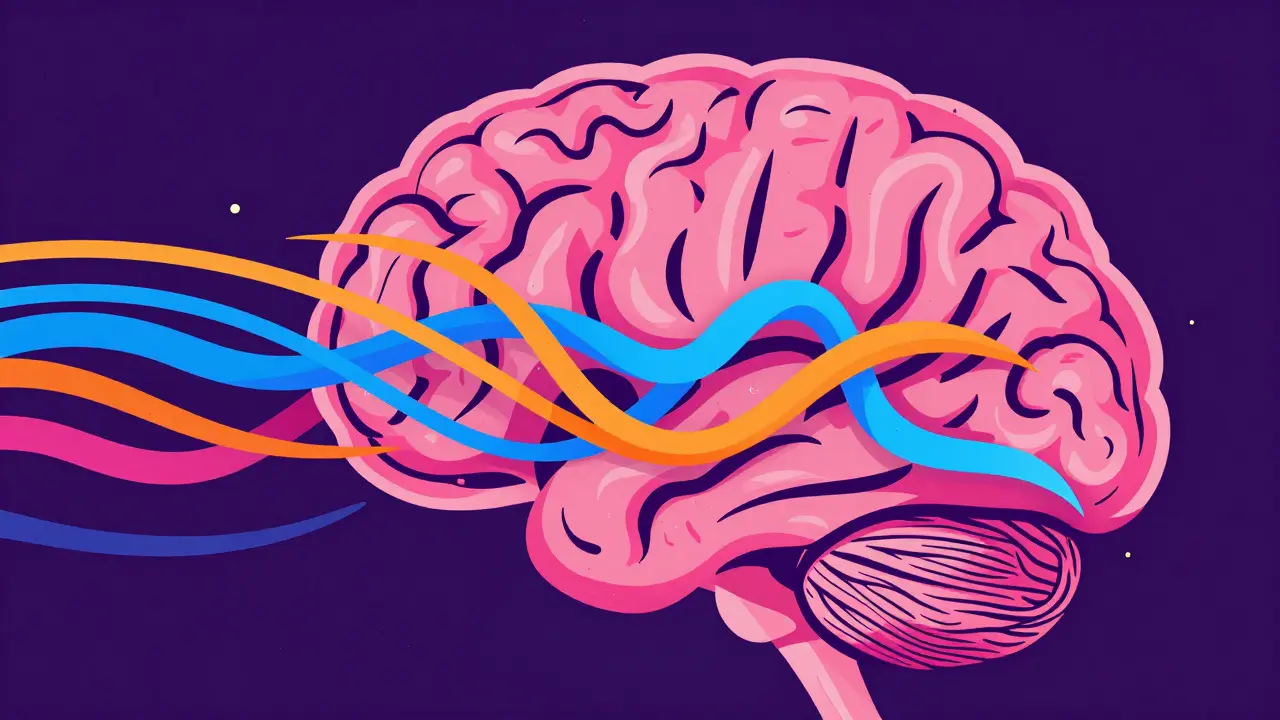 Abstract colorful ribbons representing neurotransmitters in a psychedelic graphic style.