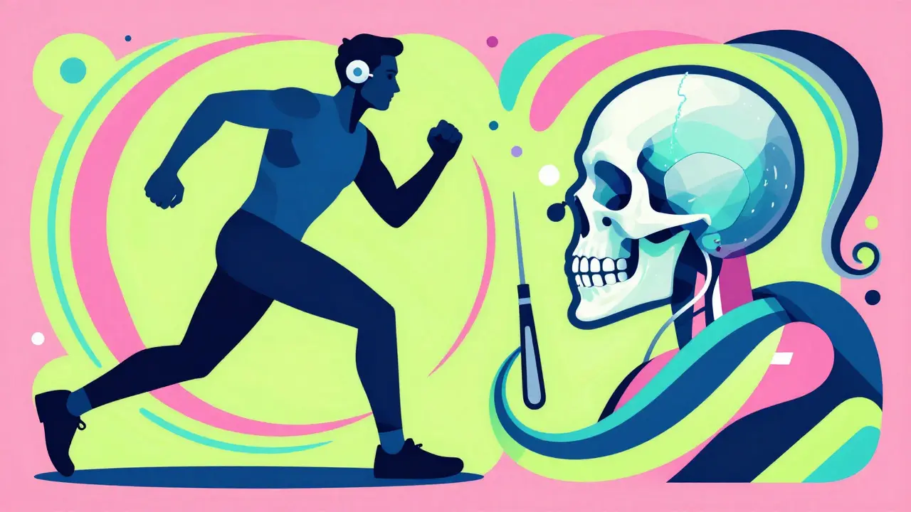 Abstract illustration of a bone-anchored hearing system integrated into an active person's lifestyle.