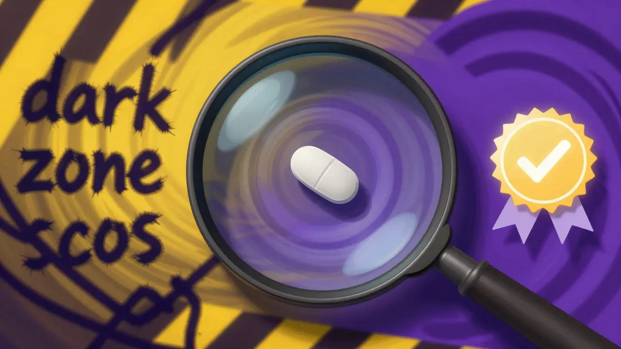 Abstract illustration of a magnifying glass examining a pill to ensure authenticity.