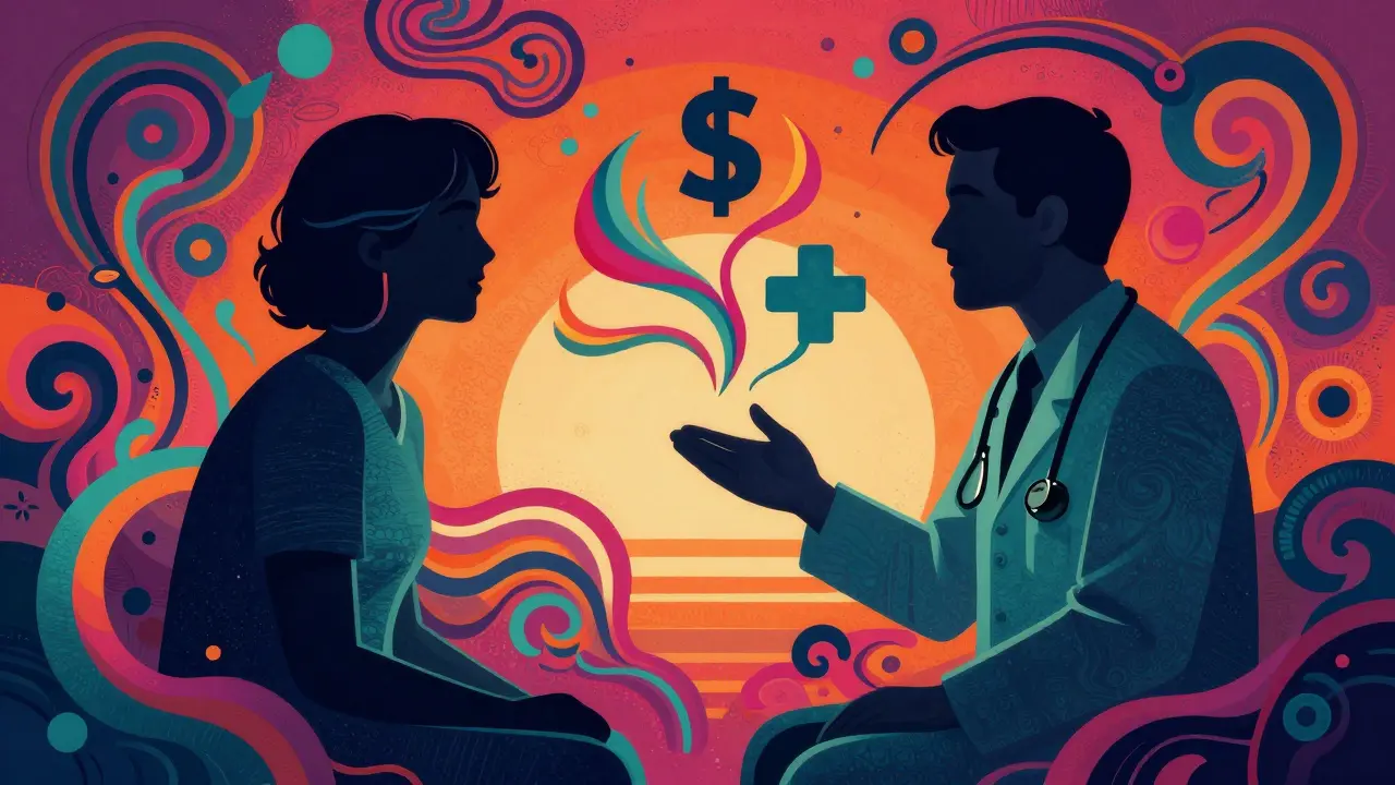 Abstract illustration of a patient and doctor talking, with vibrant psychedelic swirls.