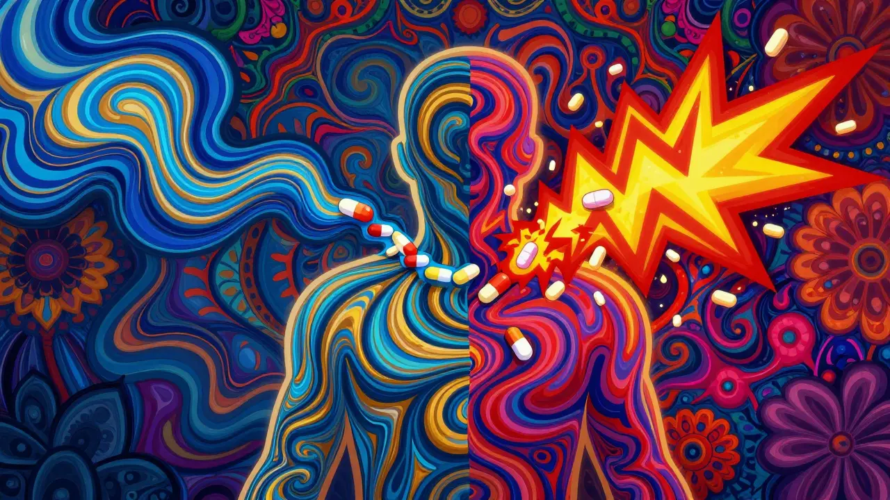Abstract illustration of a person reacting to medication fillers with flowing and jagged colors.