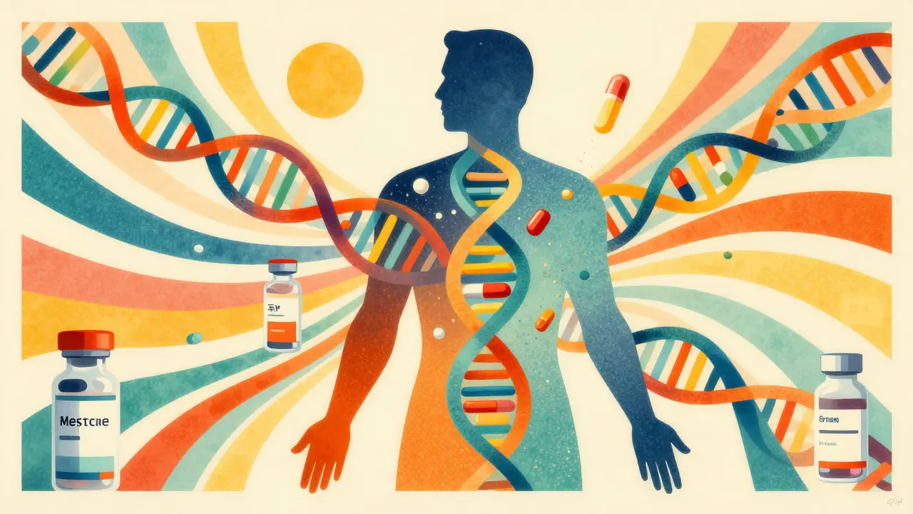 Abstract representation of genetic precision medicine with swirling shapes and vials.