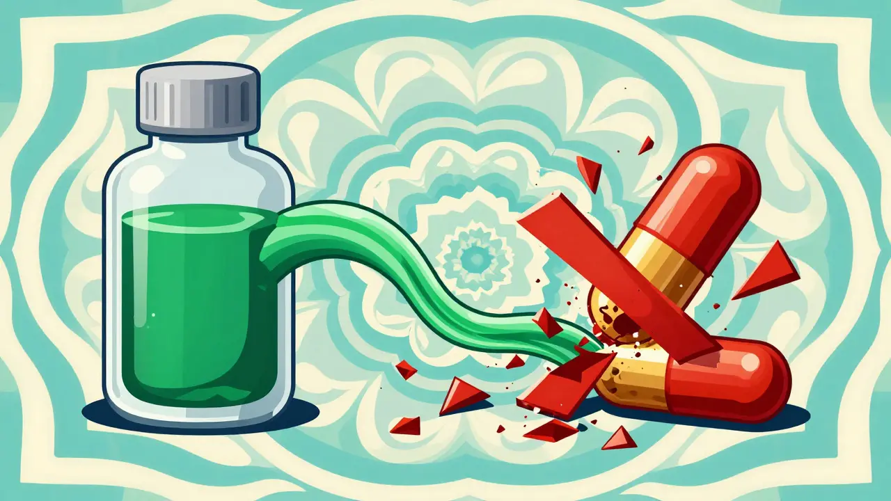 Artistic contrast between liquid medication and crushed pill fragments in a colorful swirl.