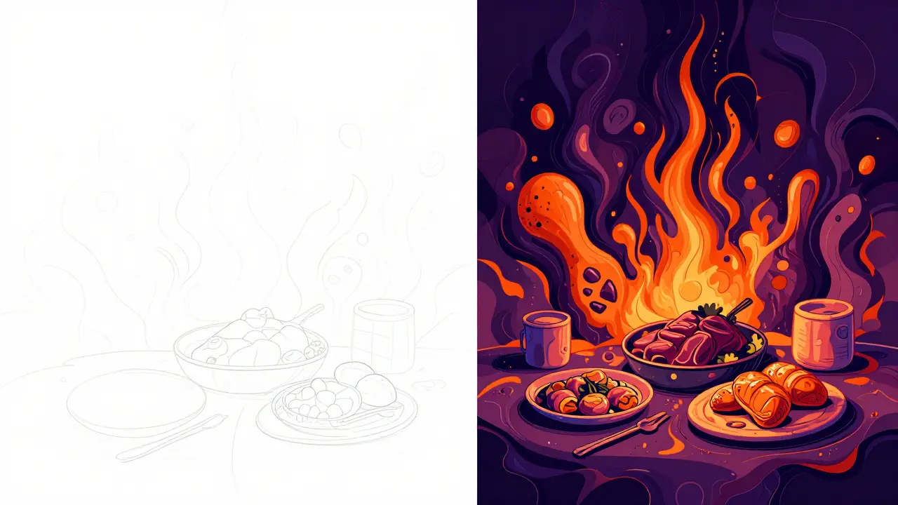 Comparison of a low-protein day and a protein-rich evening meal in a psychedelic style.