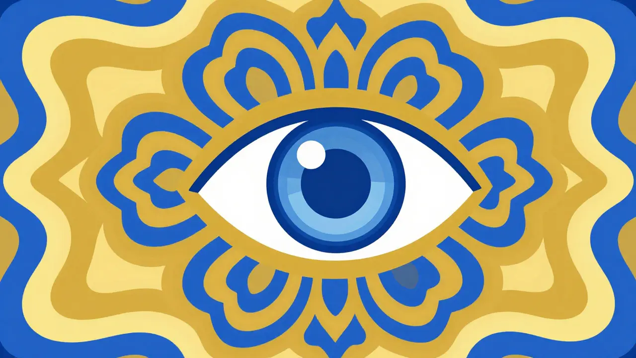 Kaleidoscopic illustration of a large eye symbolizing security and verification in shopping