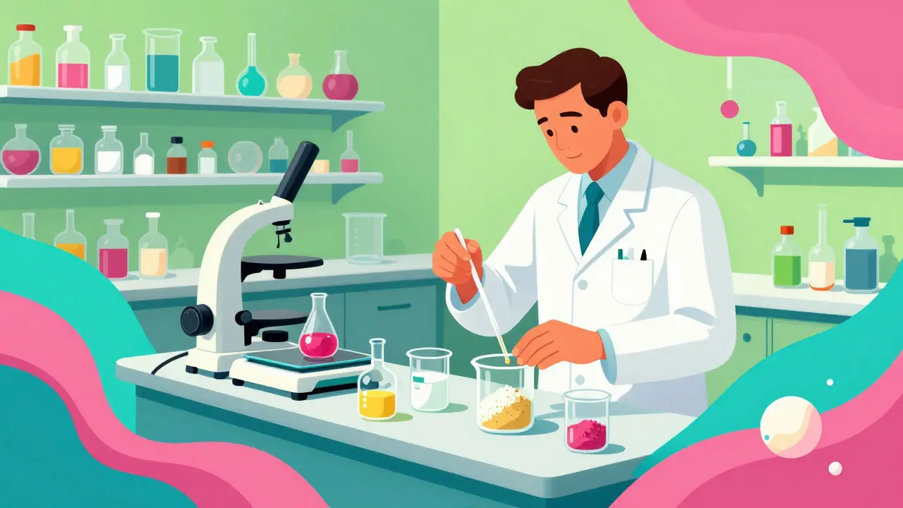 Pharmacist mixing custom medications with beakers in a flowing, colorful illustration.