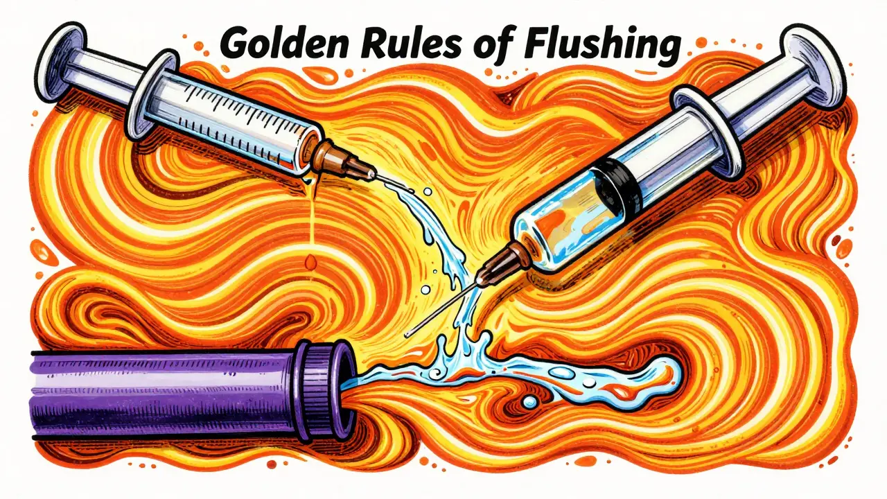 Psychadelic graphic showing water flushing through a medical tube in vibrant swirls.