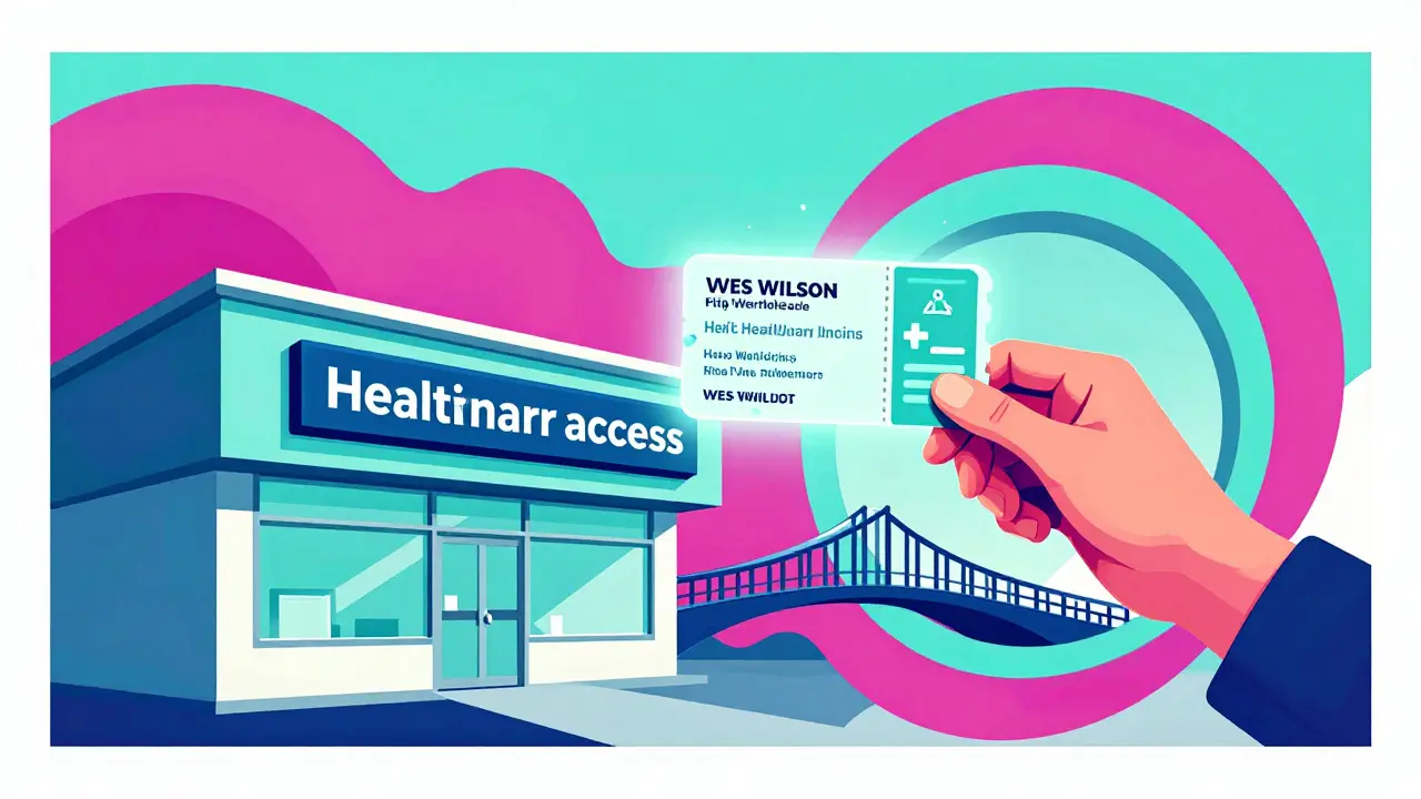 Stylized art showing a digital coupon connecting a pharmacy and a screen in vibrant colors.