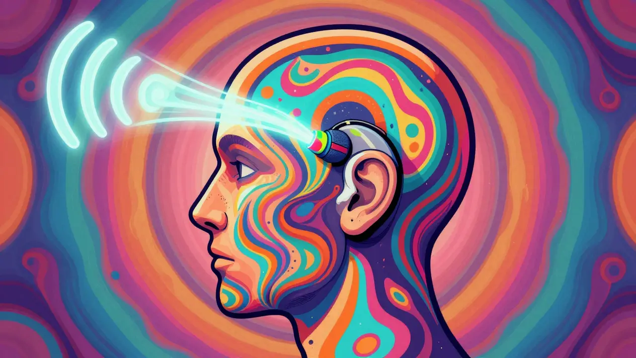 Stylized art showing a wireless CROS system routing sound from one ear to the other with colorful waves.