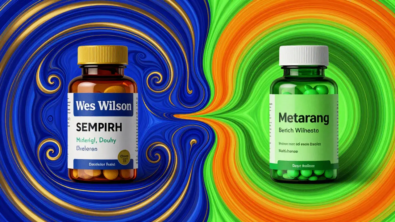 Stylized comparison of brand-name and generic drug bottles with colorful flowing waves.