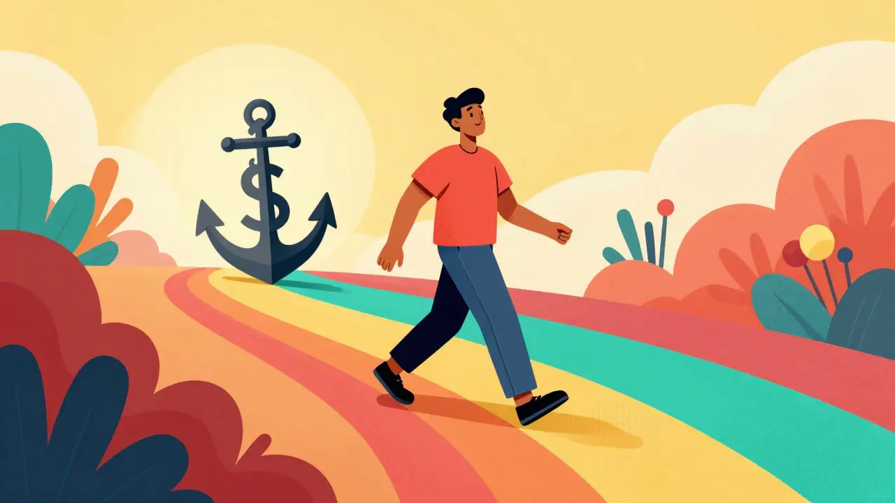 Stylized figure walking up a rainbow path, symbolizing health and financial relief