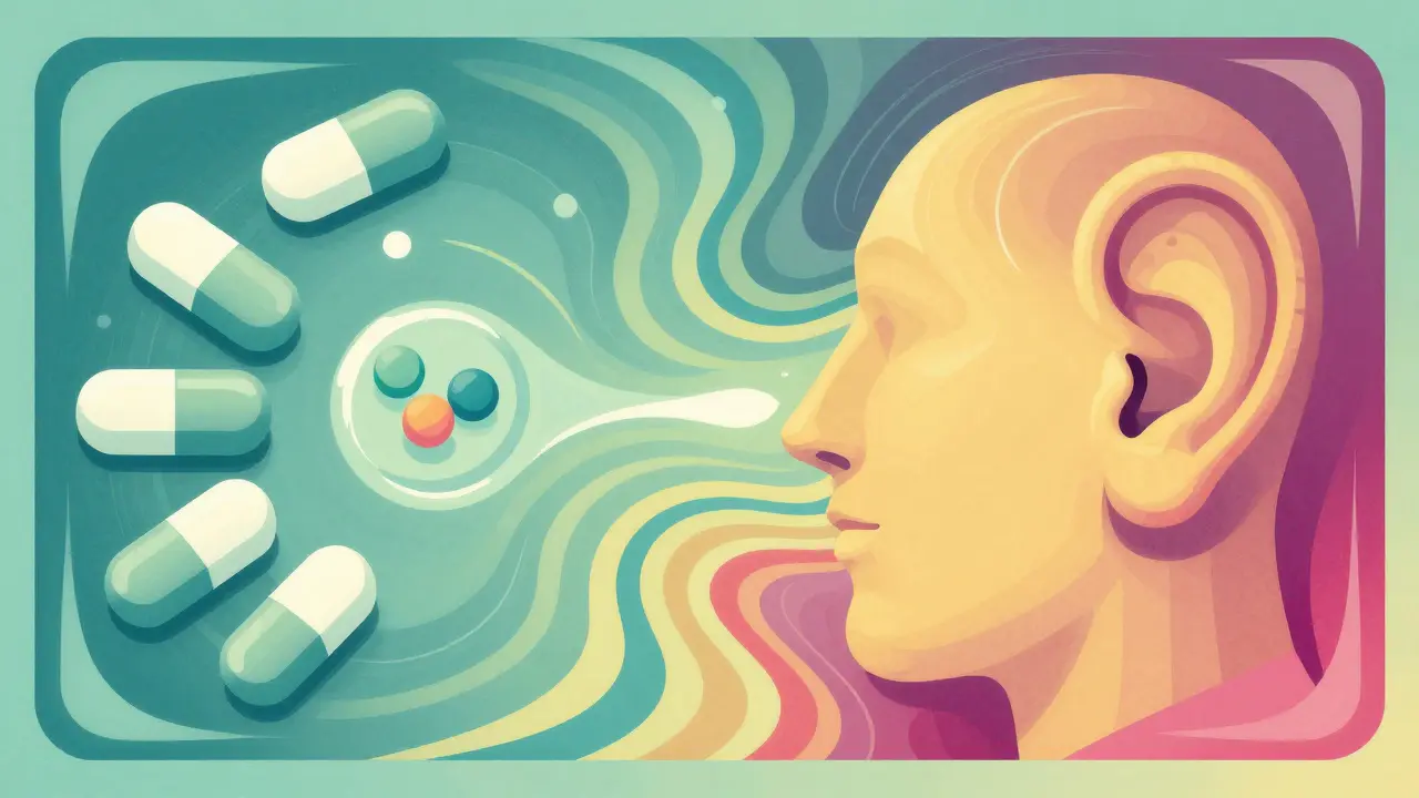 Stylized illustration of pills and conversation shapes blending in a psychedelic pattern.
