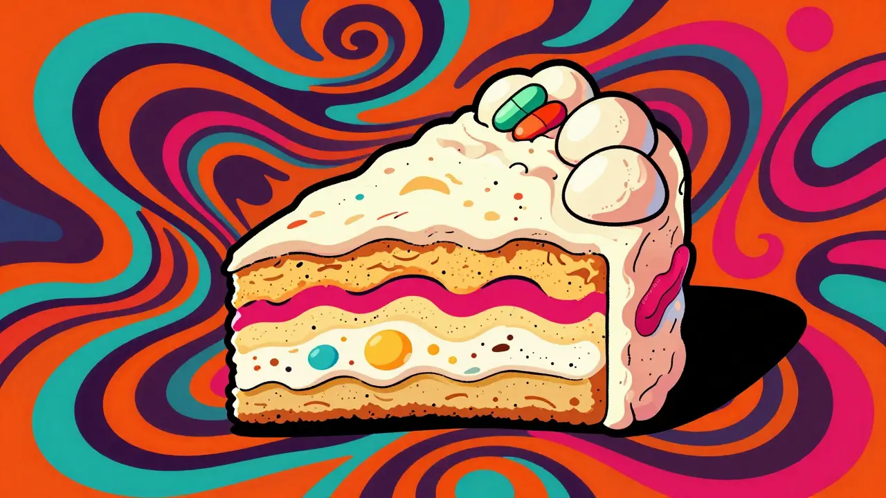 Stylized surreal cake representing the composition of active drugs and supporting excipients.