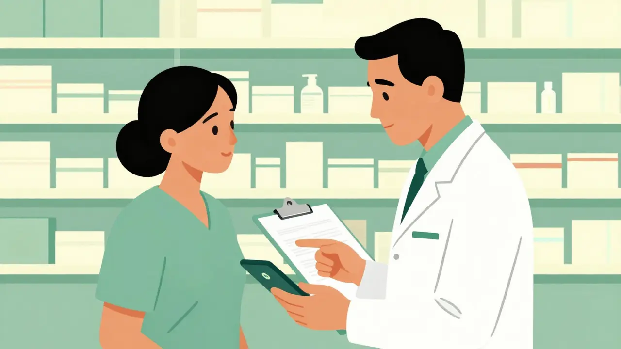 Caregiver consulting with a pharmacist in a clean clinic in Wes Wilson style