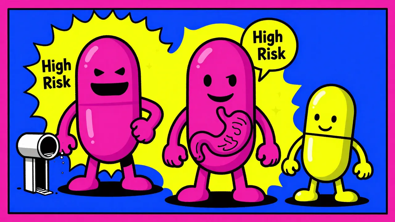 Cartoon pills representing different macrolide antibiotics and their varying heart risks.