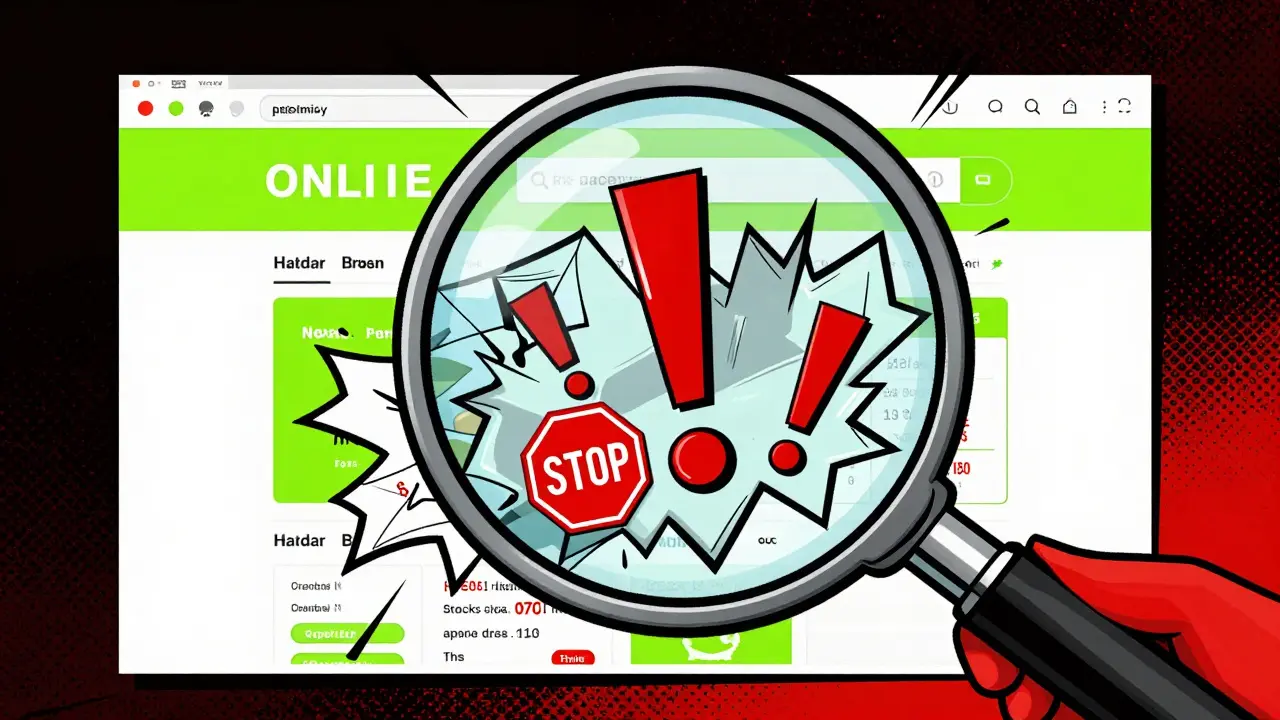Cartoon showing red flags and warnings on a fake pharmacy website
