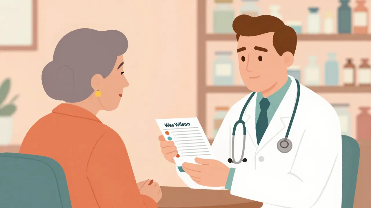 Cartoon style image of a doctor and patient reviewing medications together calmly