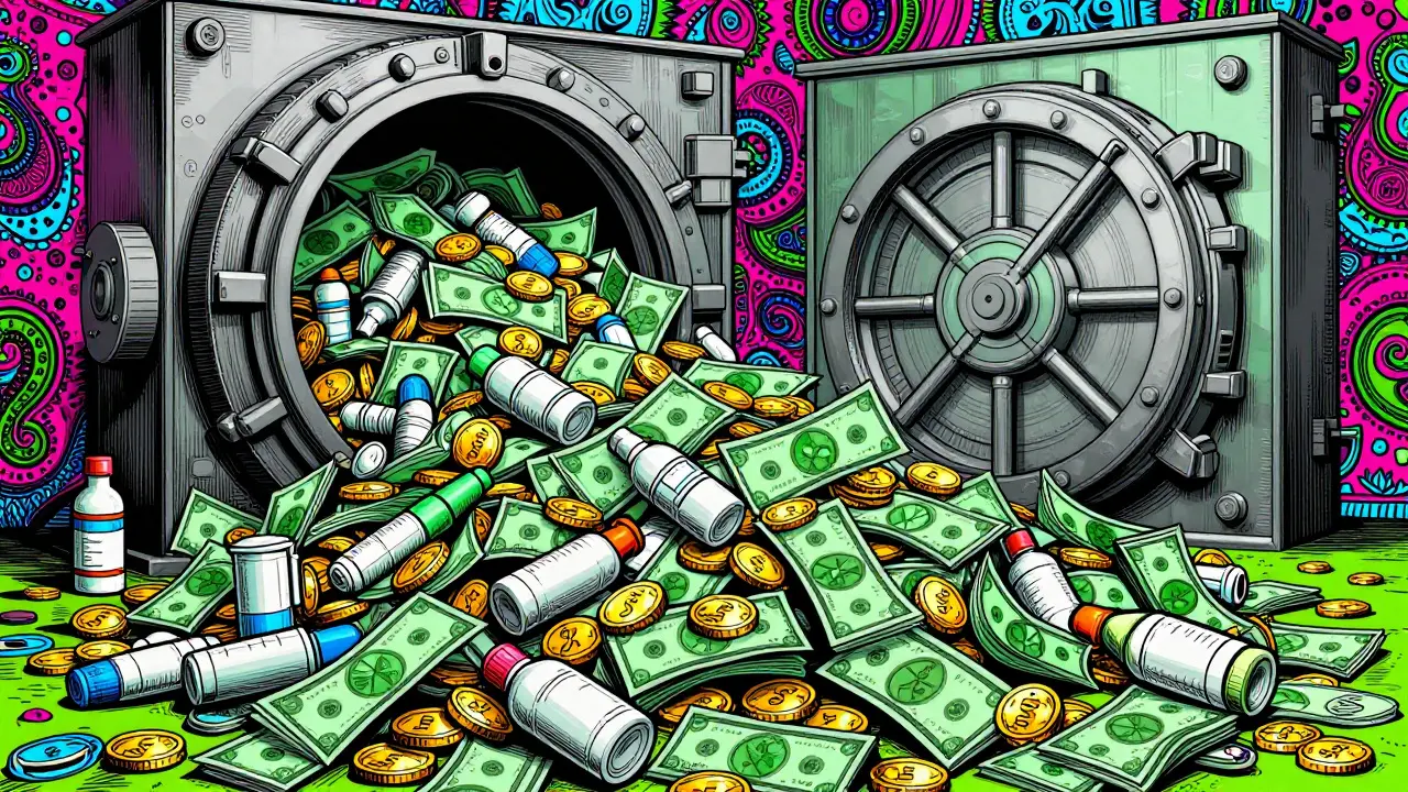 Colorful art showing money saved from extended drug shelf life