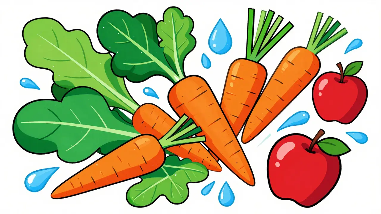 Colorful cartoon arrangement of fruits, vegetables, and water drops symbolizing healthy digestion.