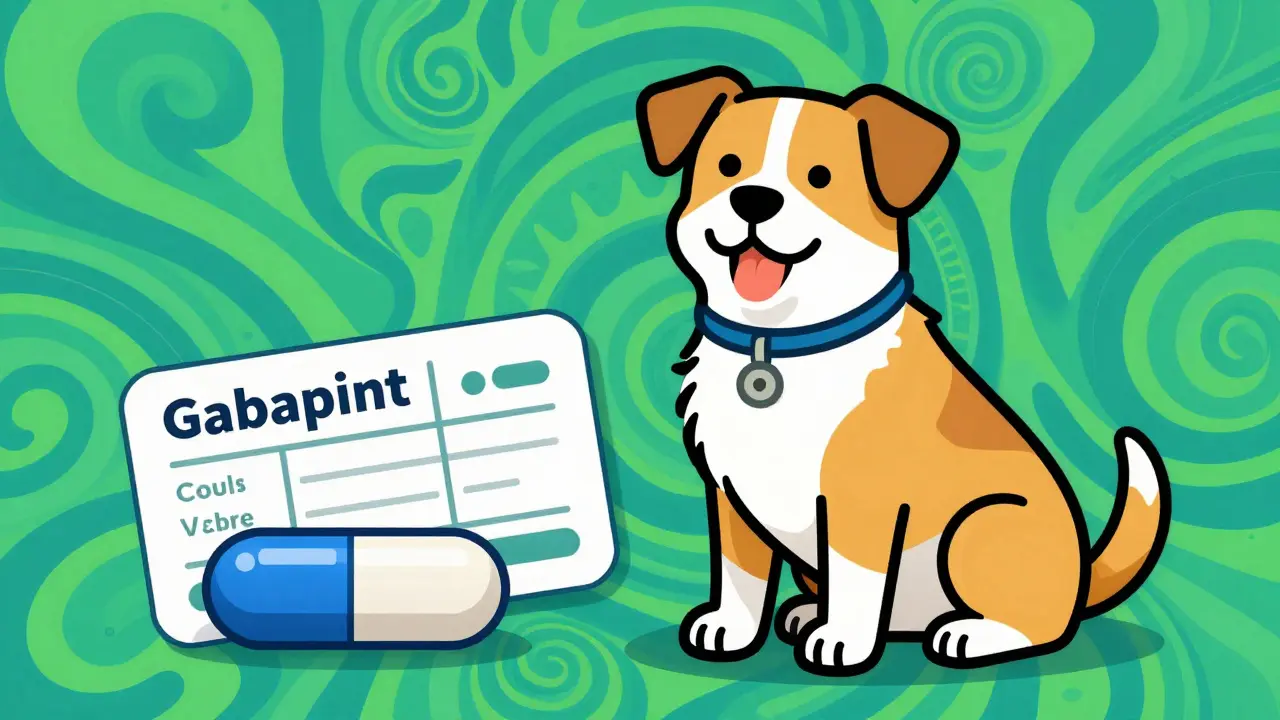 Colorful illustration of a dog with vet-prescribed generic gabapentin