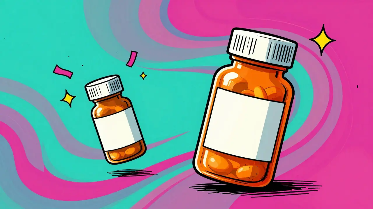 Illustration comparing cheap generic pills vs expensive brand name