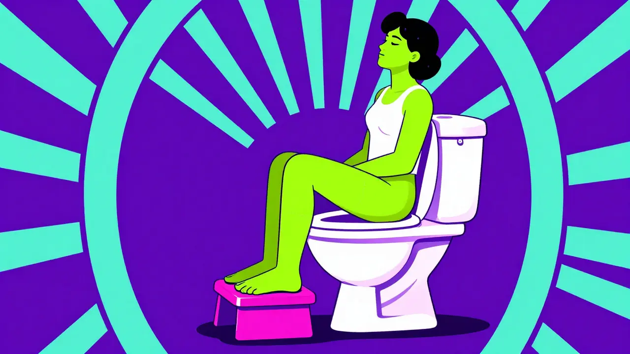 Illustration of a person using a footstool while sitting on a toilet for better posture.