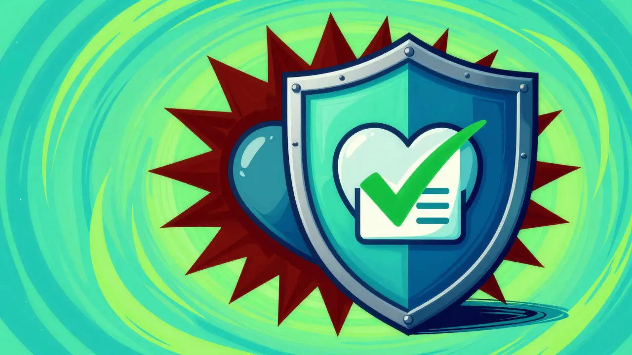 Illustration of a shield protecting a heart from unsafe online pharmacy threats.