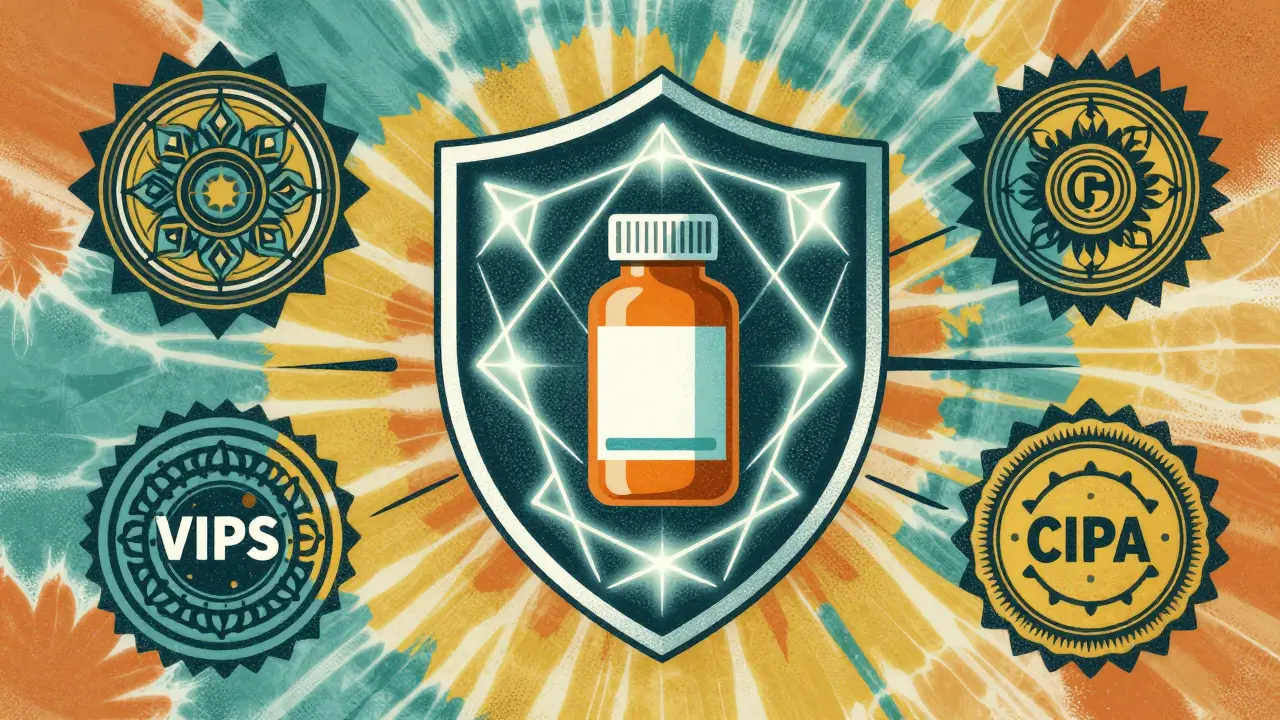 Illustration of certifications protecting medication with geometric patterns