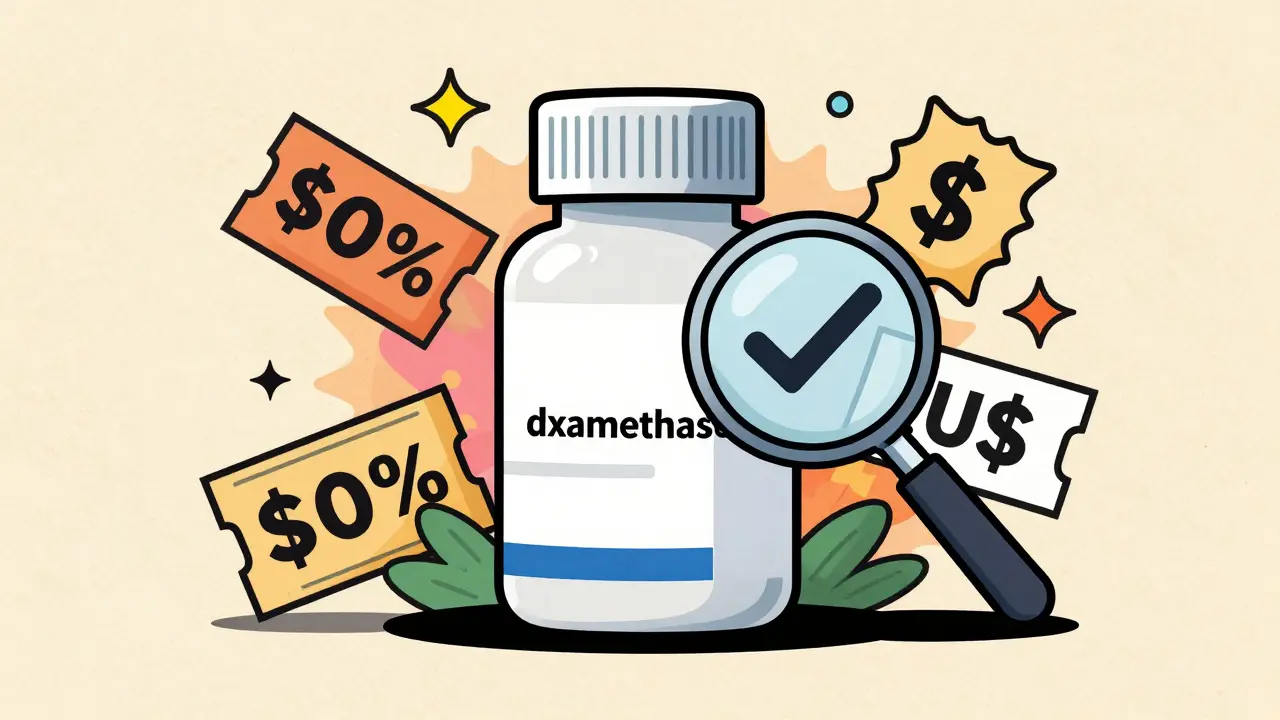 Illustration of medication bottle with discounts and magnifying glass