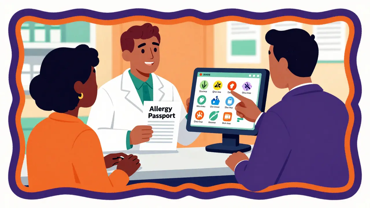 Illustration of pharmacist and patient discussing allergy passport and safe drug options.
