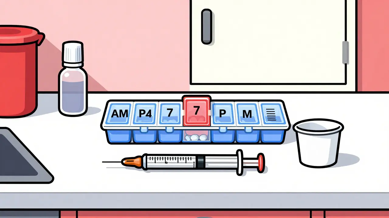 Organized pill box and measuring tools on a counter in Wes Wilson style