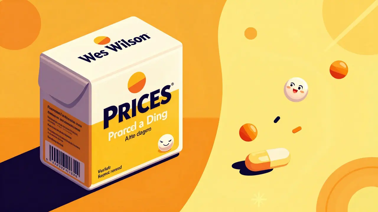Psychedelic art contrasting expensive brand drugs with affordable generic pills.