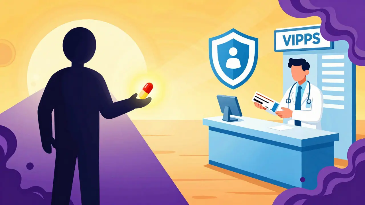 Retro cartoon showing safe vs unsafe online pharmacy choices for medication