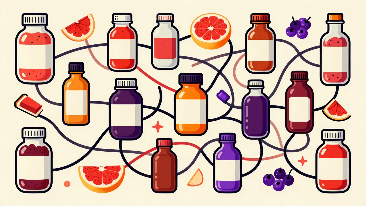 Retro illustration showing tangled lines connecting meds and foods like grapefruit