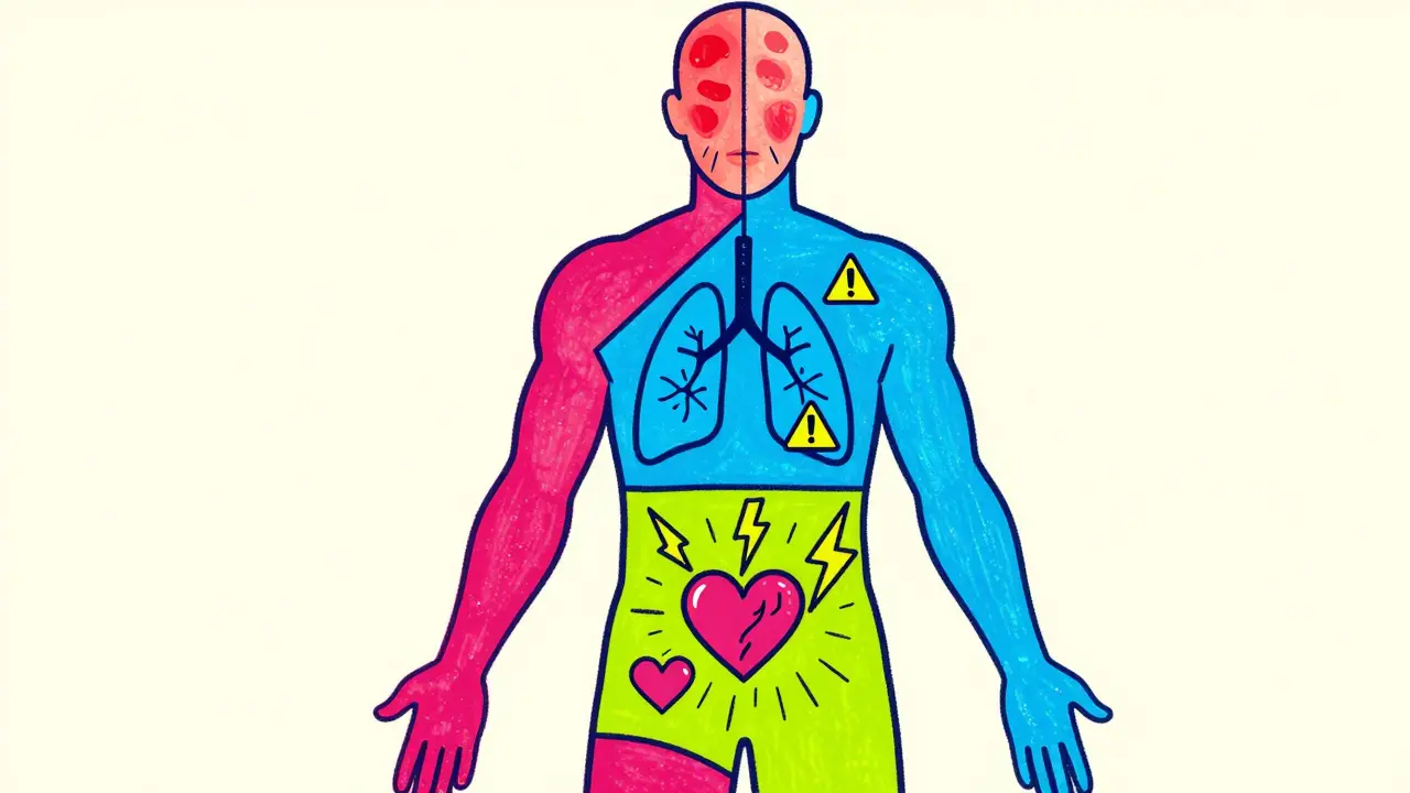 Retro-style graphic illustrating mild, moderate, and severe allergic reaction symptoms.