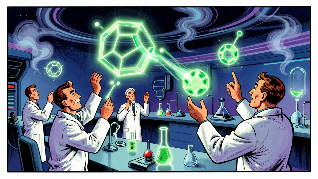 Retro-style scientists analyzing drug stability in a lab